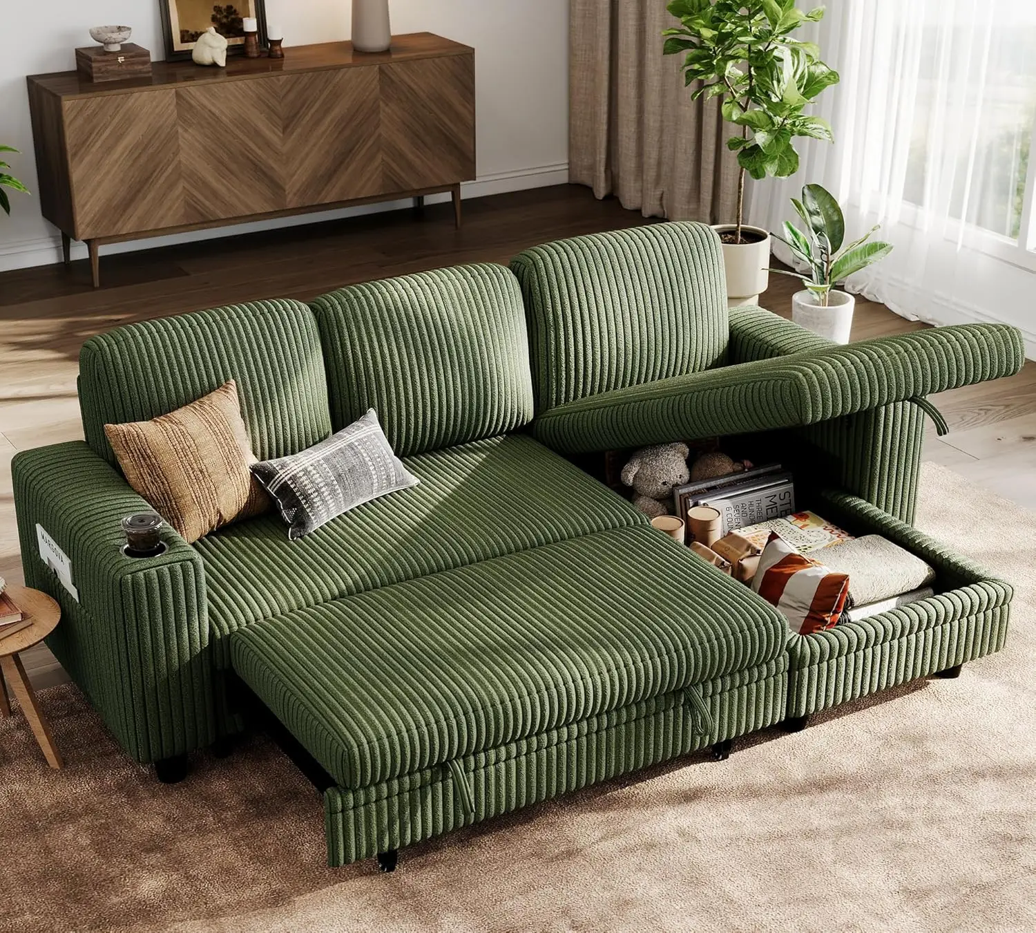 Sectional Sleeper Sofa with Pull Out Couch Bed Convertible Plush Corduroy Cloud Couch with Storage Chaise & USB, Customized