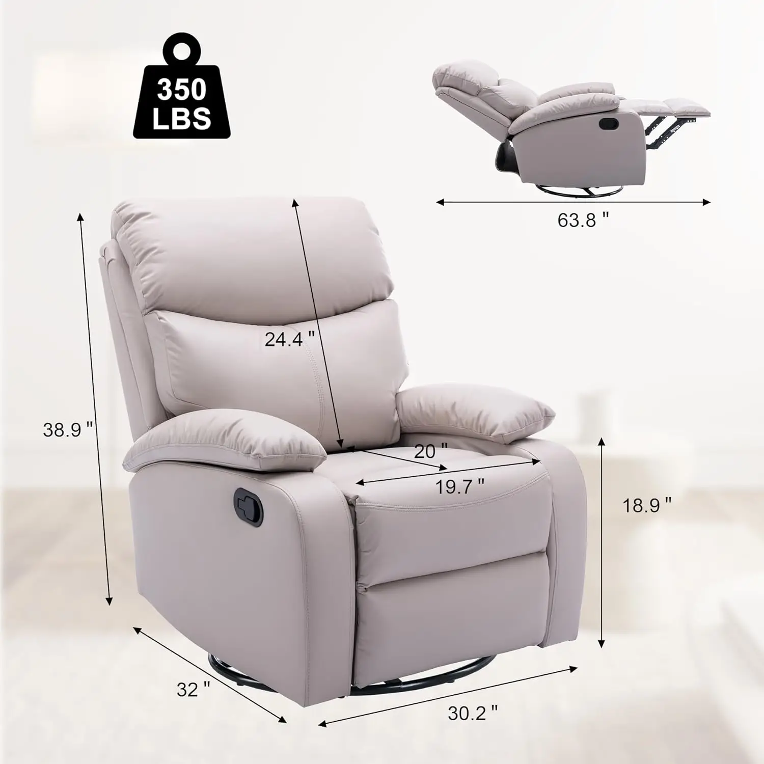 Swivel Rocker Recliner Chair for Adults, Glider Recliner Sofa for Nursery, Living Room, RV - Beige - 1503 - Image 2