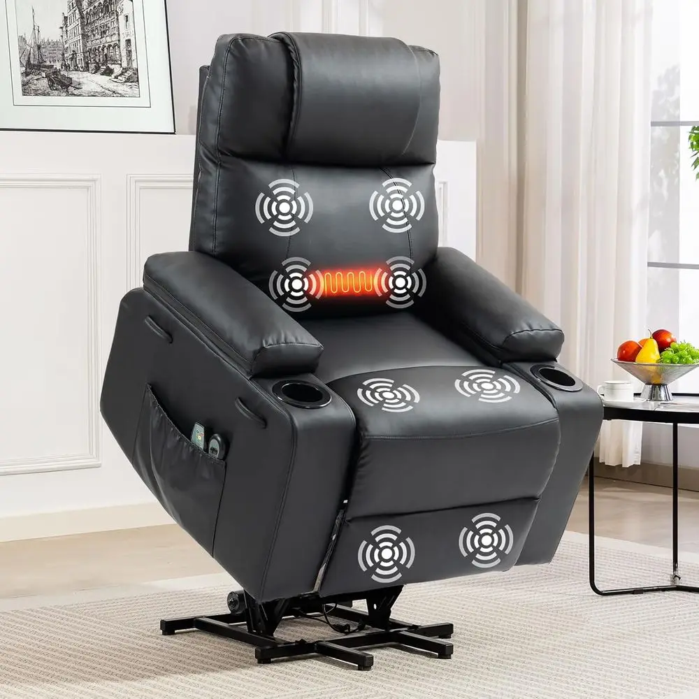 Elderly-Friendly 160?? Adjustable Power Recliner with Heat, Massage, and Side Pockets in Black Leather for Living Room
