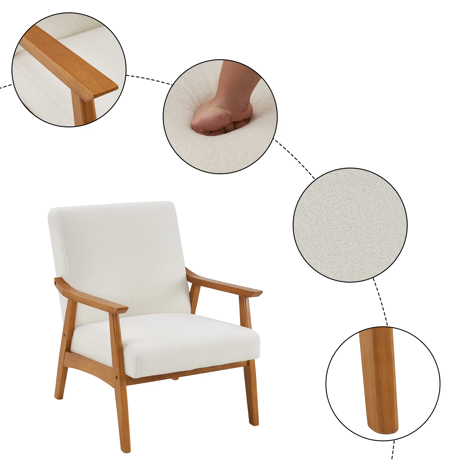 Solid Wood Armrest Teddy Velvet Simple Single Indoor Lounge Chair Backrest Creamy-White - 1503 - Image 4