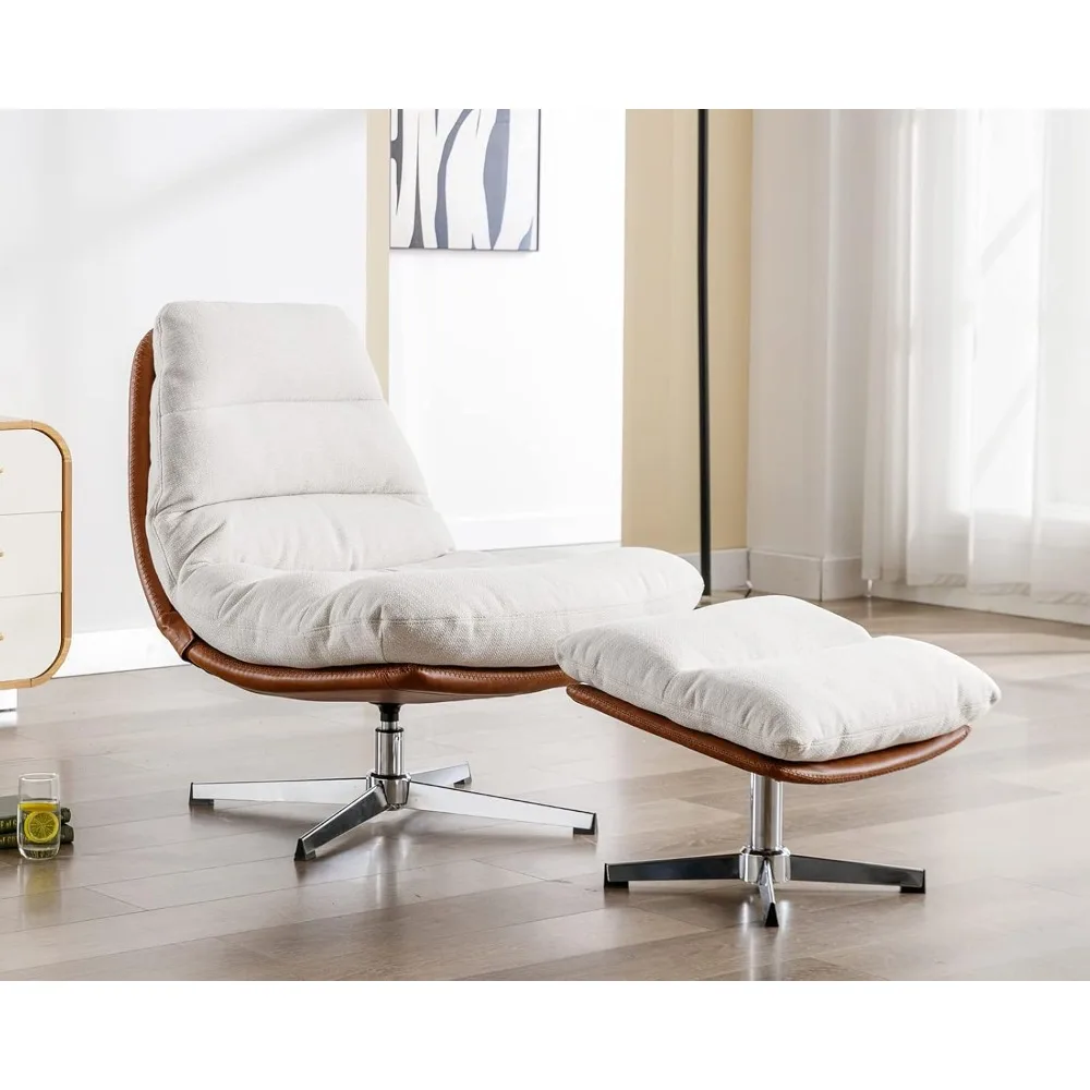 Modern Swivel Accent Chair with Ottoman Set, Linen Oversized Armless Reading Chair with Footrest, 33” Wide Upholstered Lounge