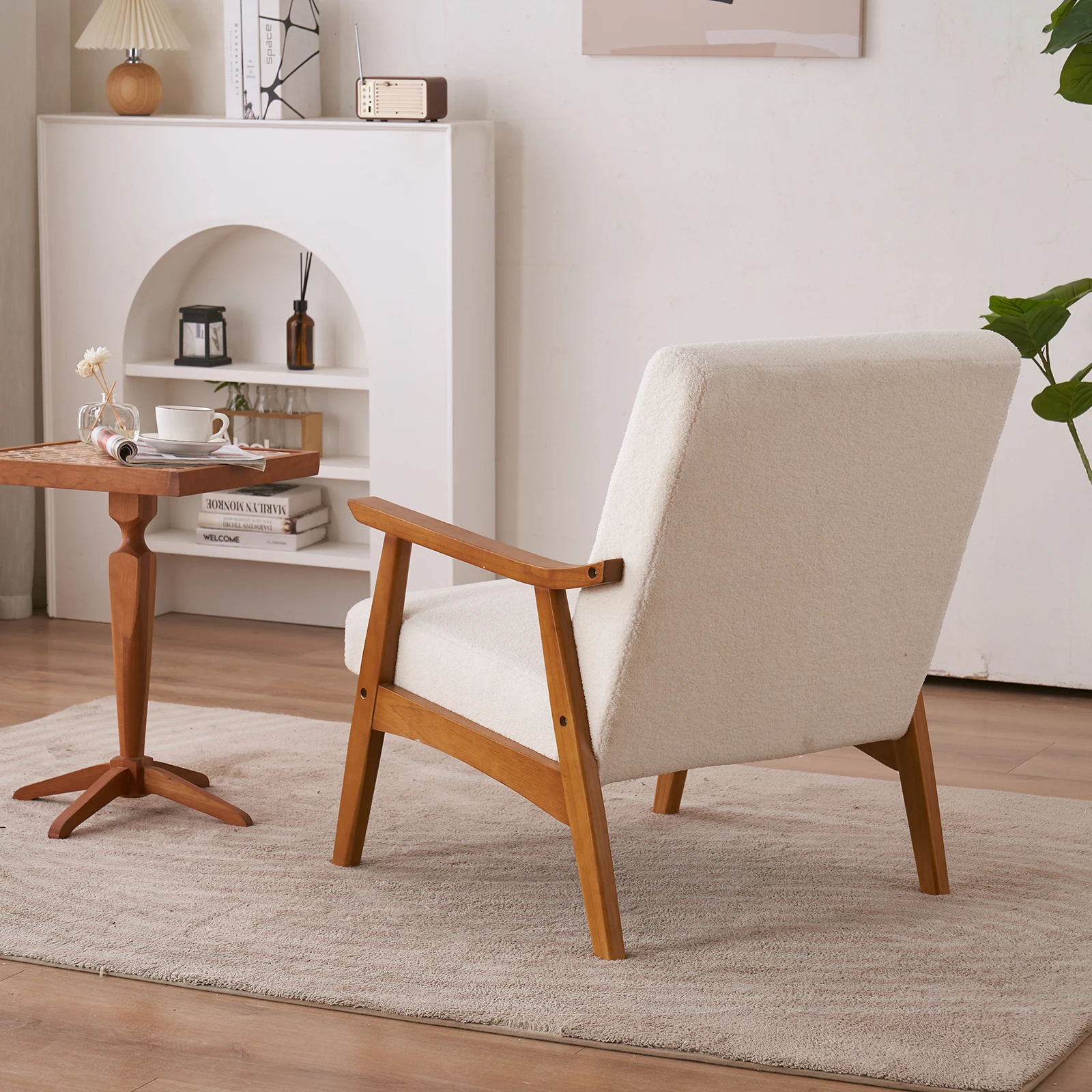 Solid Wood Armrest Teddy Velvet Simple Single Indoor Lounge Chair Backrest Creamy-White - 1503 - Image 6